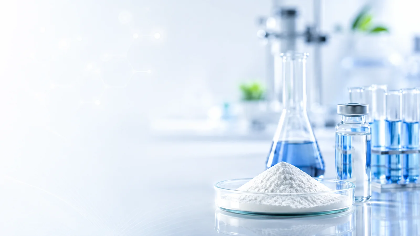 Pharmaceutical glassware and active ingredient powder in a laboratory